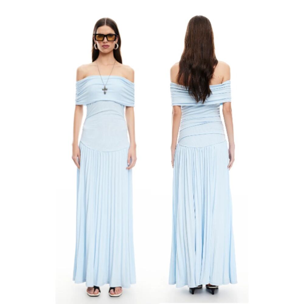 NWT Lioness Field Of Dreams Off-Shoulder Pleated Maxi Dress Soft Blue Women's XS